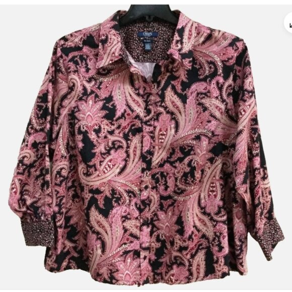 CHAPS Women Plus Size 1X Blouse Shirt Top No Iron Button Pink Burgundy Black - Picture 1 of 4